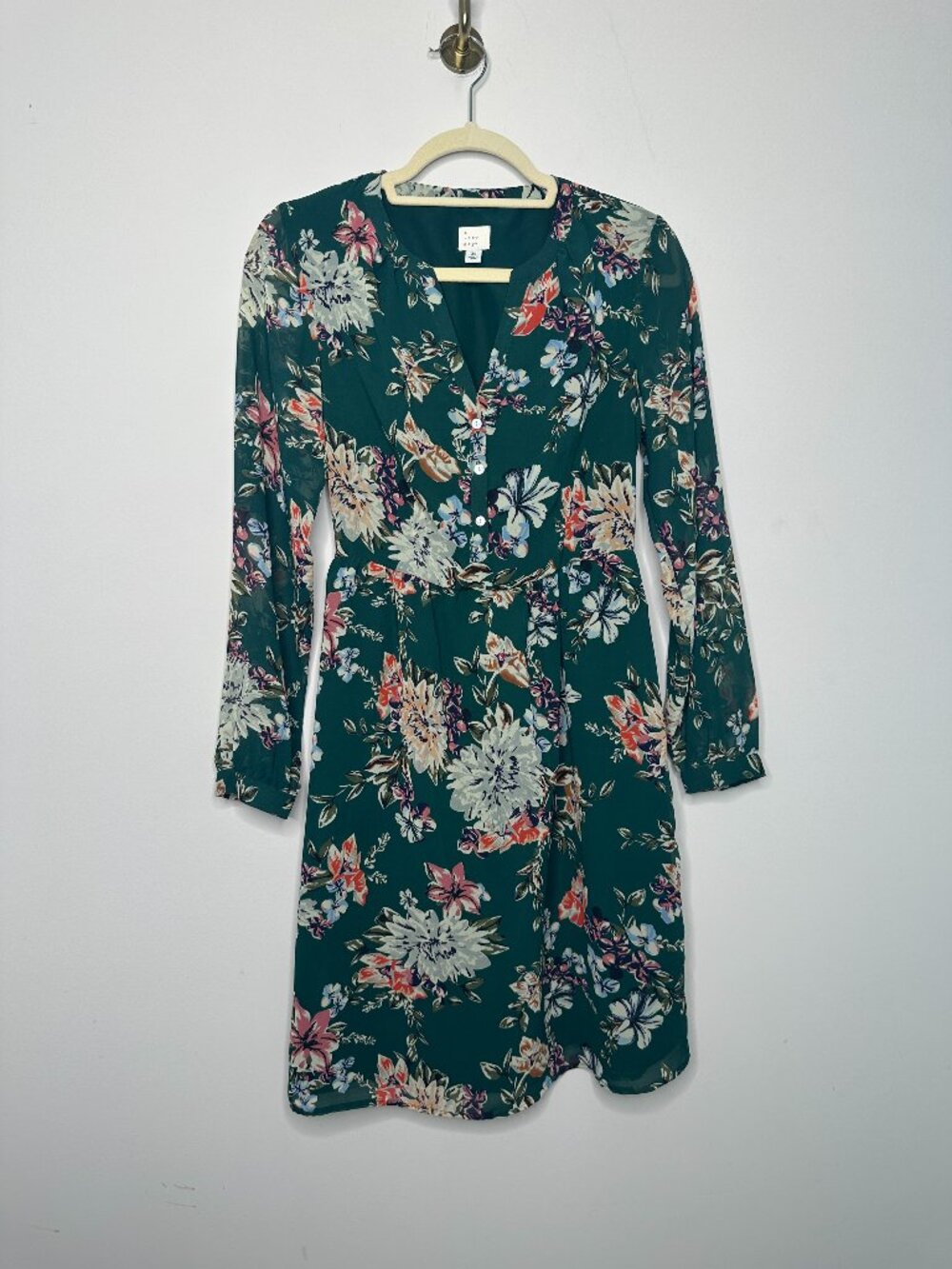 A New Day Floral Half Button Down Long Sleeve Dress Green Multicolor Women's XS